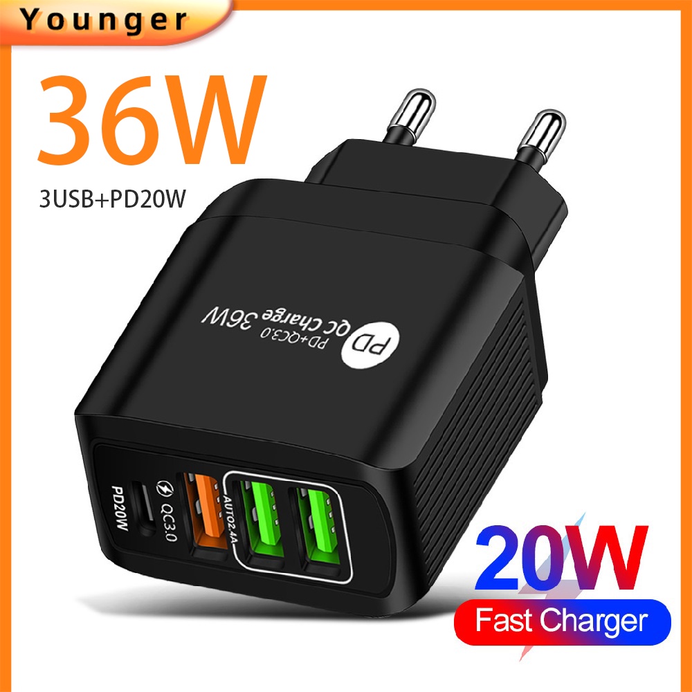 Adapter Charger 4 Port Usb Tipe-C QC3.0 + PD 5V / 9V / 12V 36W Untuk Smartphone Android