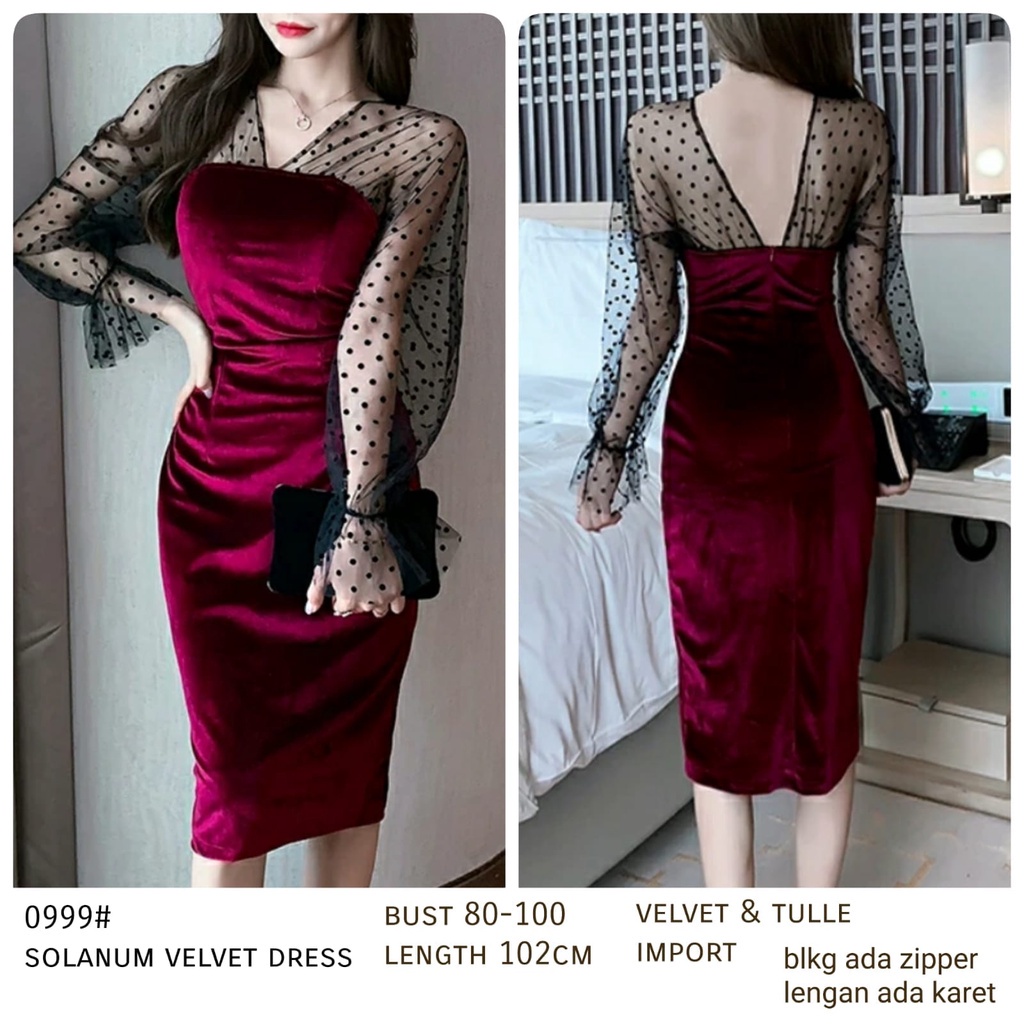 YR 3M 0999 SOLANIUM VELVET DRESS THREE M FASHION IMLEK IMPORT TERBARU MURAH
