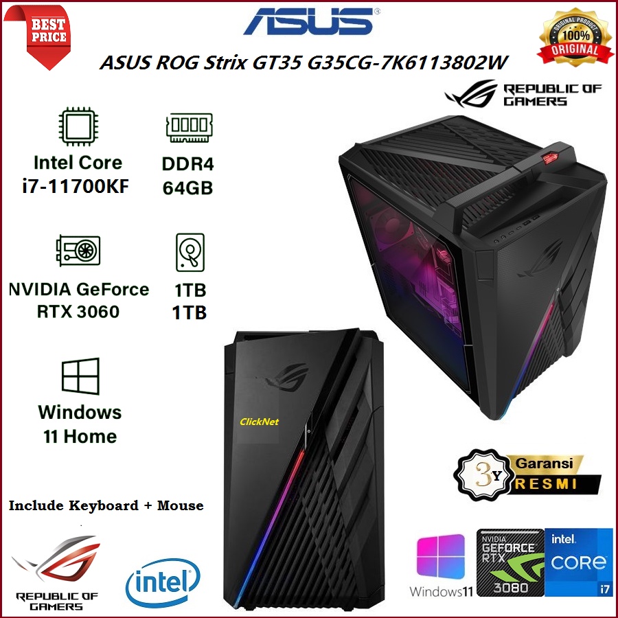 ASUS PC Desktop ROG G35CG 7K6113802W I7-11700KF 64GB 1TB+1TB SSD RTX3080 10GB WIN11