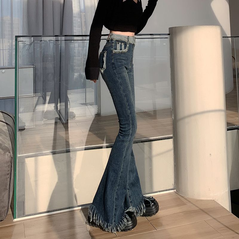 Suhao American Retro Rumbai Sedikit Booted Jeans Wanita 2022 Musim Gugur dan Musim Dingin Gaya Baru Ditambah Desain Beludru Lebar kaki Celana Tapal Kuda