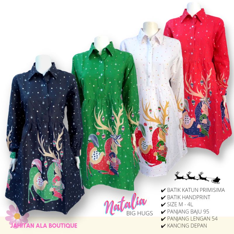 NATALIA - Seragam Dress Batik Natal Motif Karakter Lucu Santa - Gaun Batik Wanita Gereja