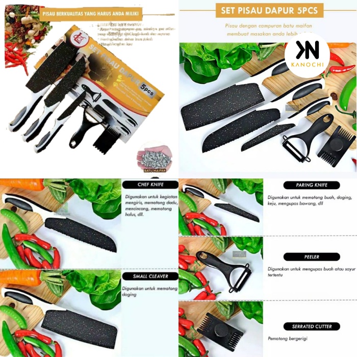 Set pisau dapur isi 5pcs hitam batu maifan