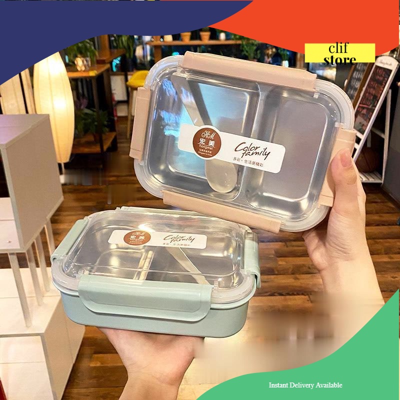 kotak makan healthy Lunch box bekal bento box stainless steel 2 sekat free sendok