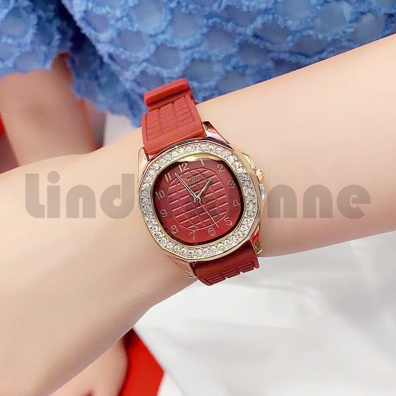 Jam Tangan Wanita Jhui Retro Casual Analog Aksen Berlian Imitasi Strap Silikon