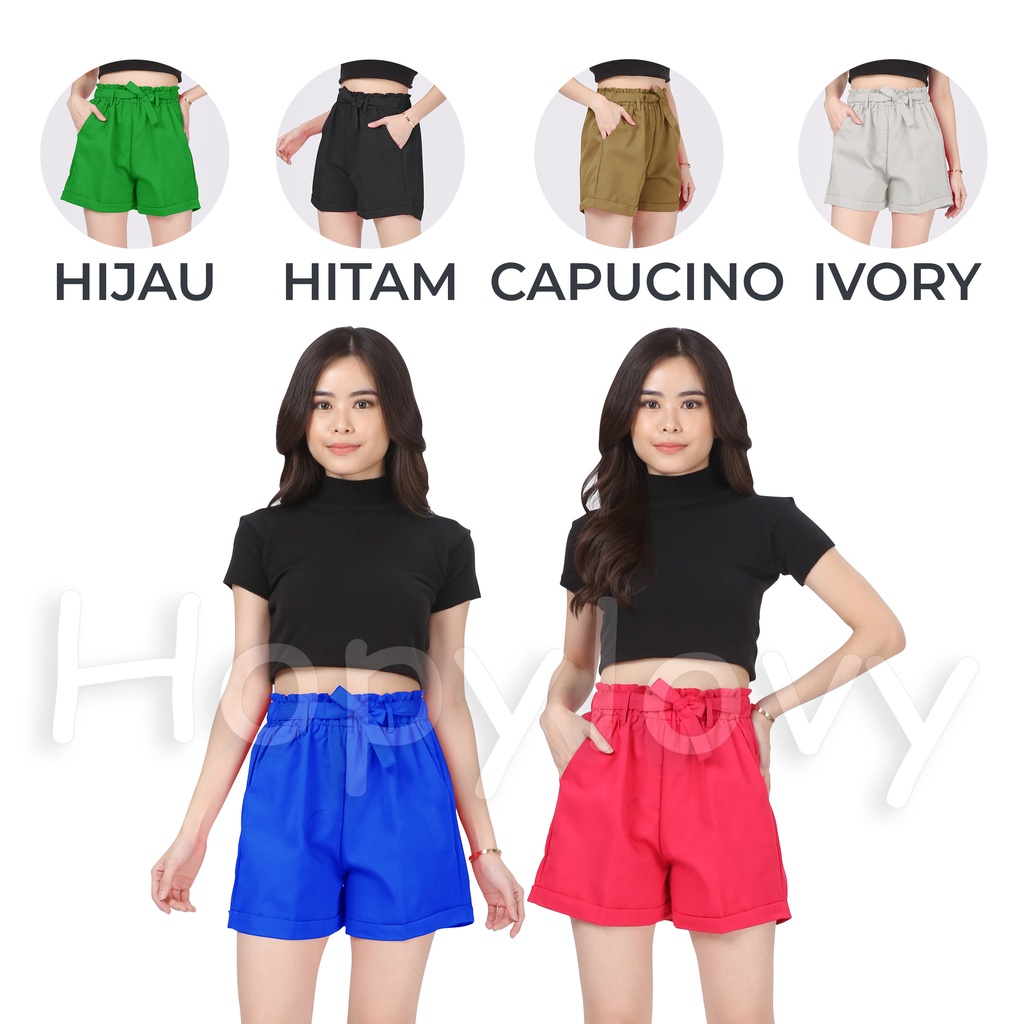 HOPYLOVY Celana Pendek Wanita Hot Pants HW Katun Move It Highwaist Pinggang Karet Fania Tali