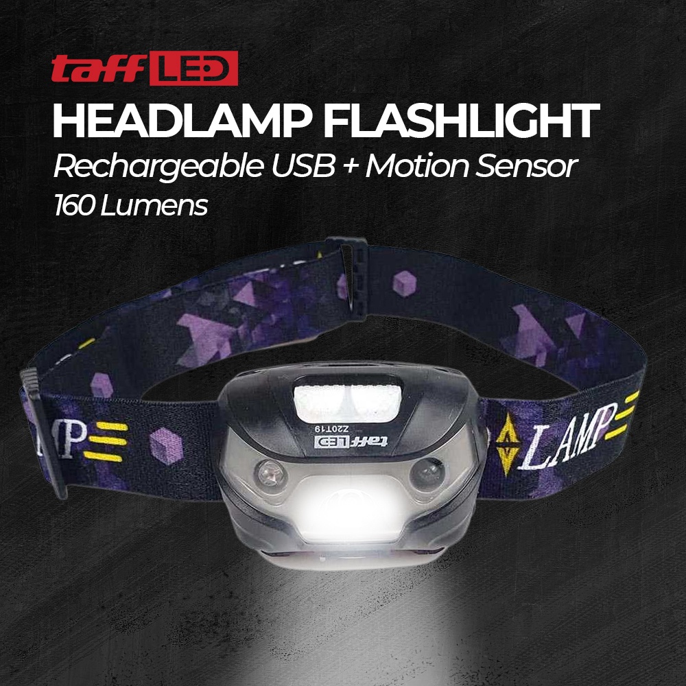 TaffLED Headlamp Flashlight Rechargeable USB + Motion Sensor - Black