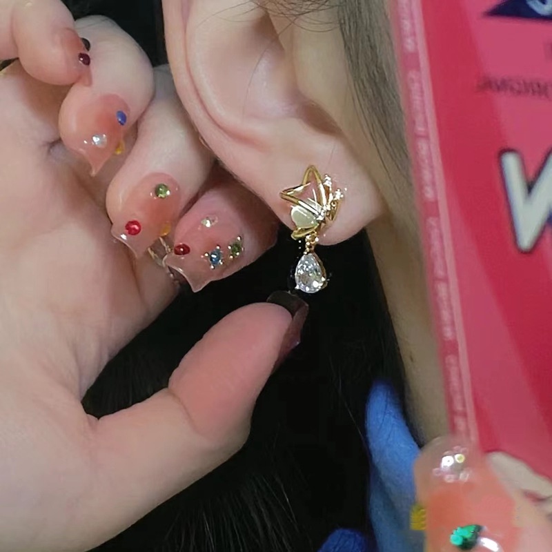 Anting Tusuk Bentuk Busur Zircon S925 Silver Needle Sweet Pink Untuk Wanita A HELLOGRILJEWELRY