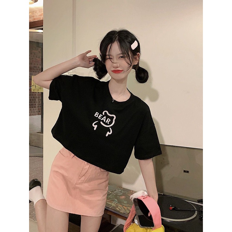 [littlecrab] Crop Top Lebar Bear Hitam Putih Merah Atasan Polos Sablon Berkualitas Beruang Simple Unik Elegan Aesthetic Kaos Beruang Korean Style