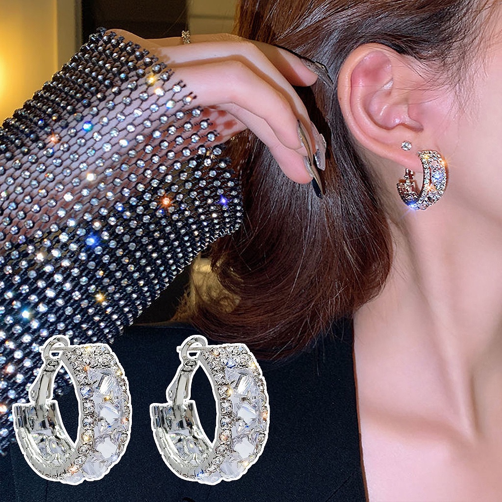 Anting Stud Bentuk C Hias Kristal Bahan Zirkon Gaya Korea Minimalis Untuk Wanita