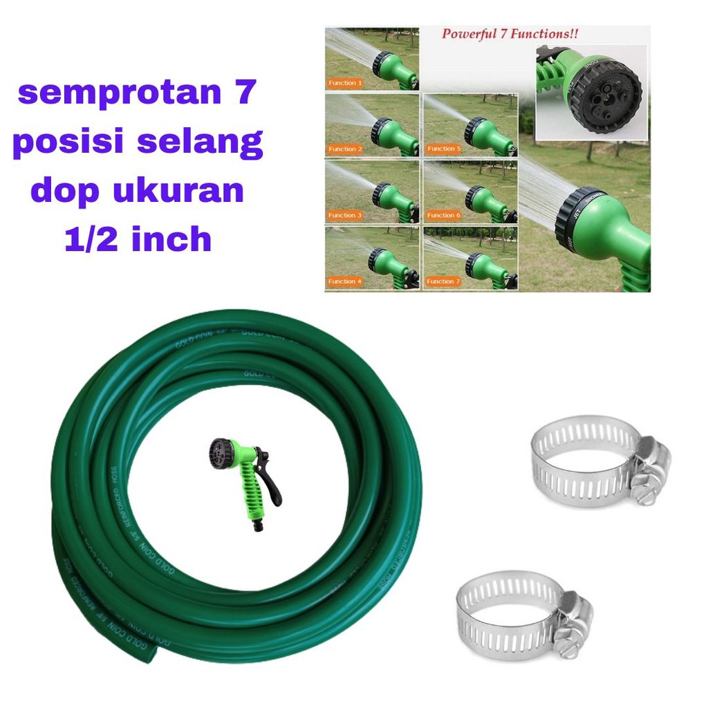 Set Selang Ukuran 1/2 / 5/8 Inch Kepala Semprotan Sprayer Tanaman Hoze Nozzle 7 Posisi Untuk Cuci Motor Mobil Peralatan Berkebun