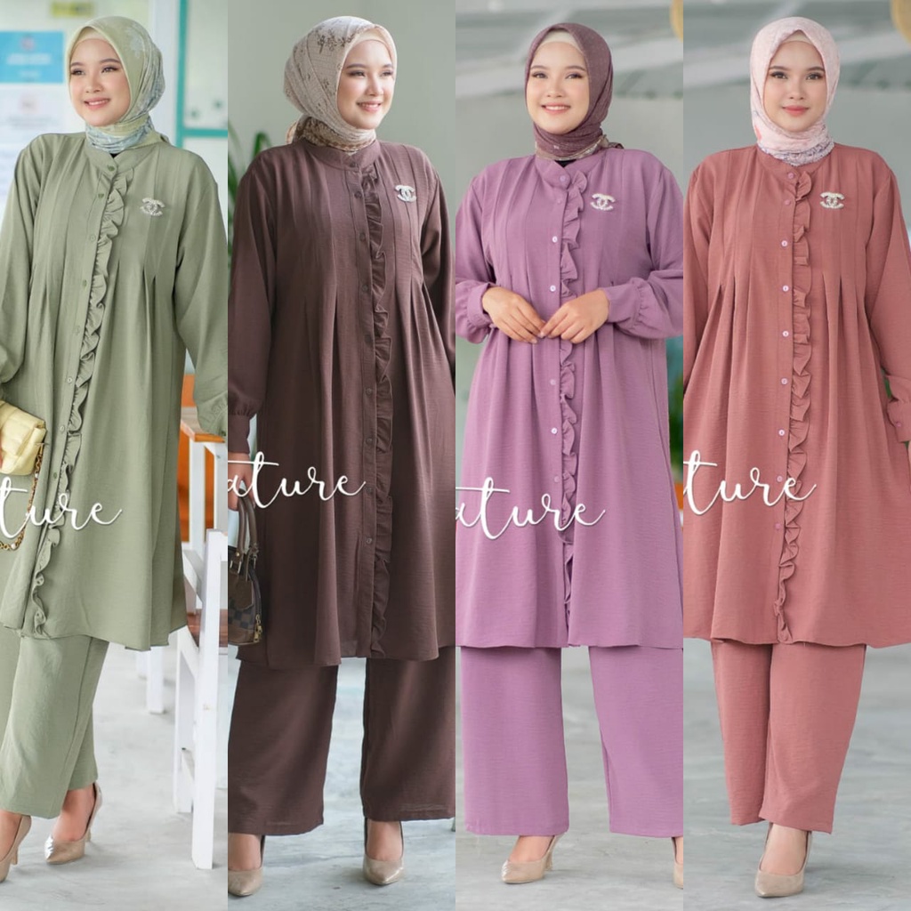 Tulus Signature Dera Set / One Set Wanita Jumbo Crinkle Airflow Premium Motif Polos / Baju Setelan C
