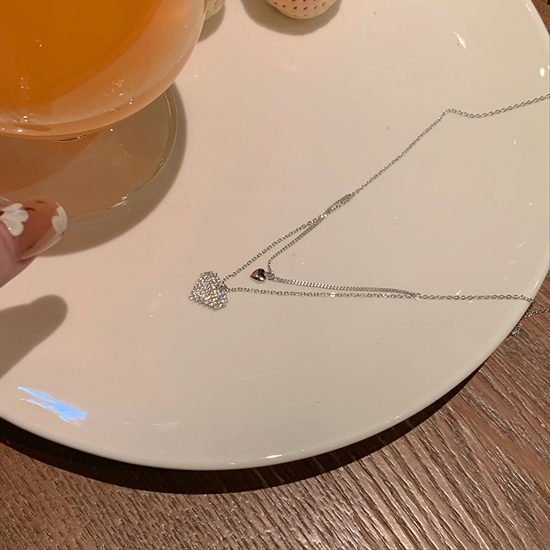 Roselife Kalung Rantai Silver Rumbai Liontin Hati Hias Kristal Zircon Gaya Korea Untuk Wanita