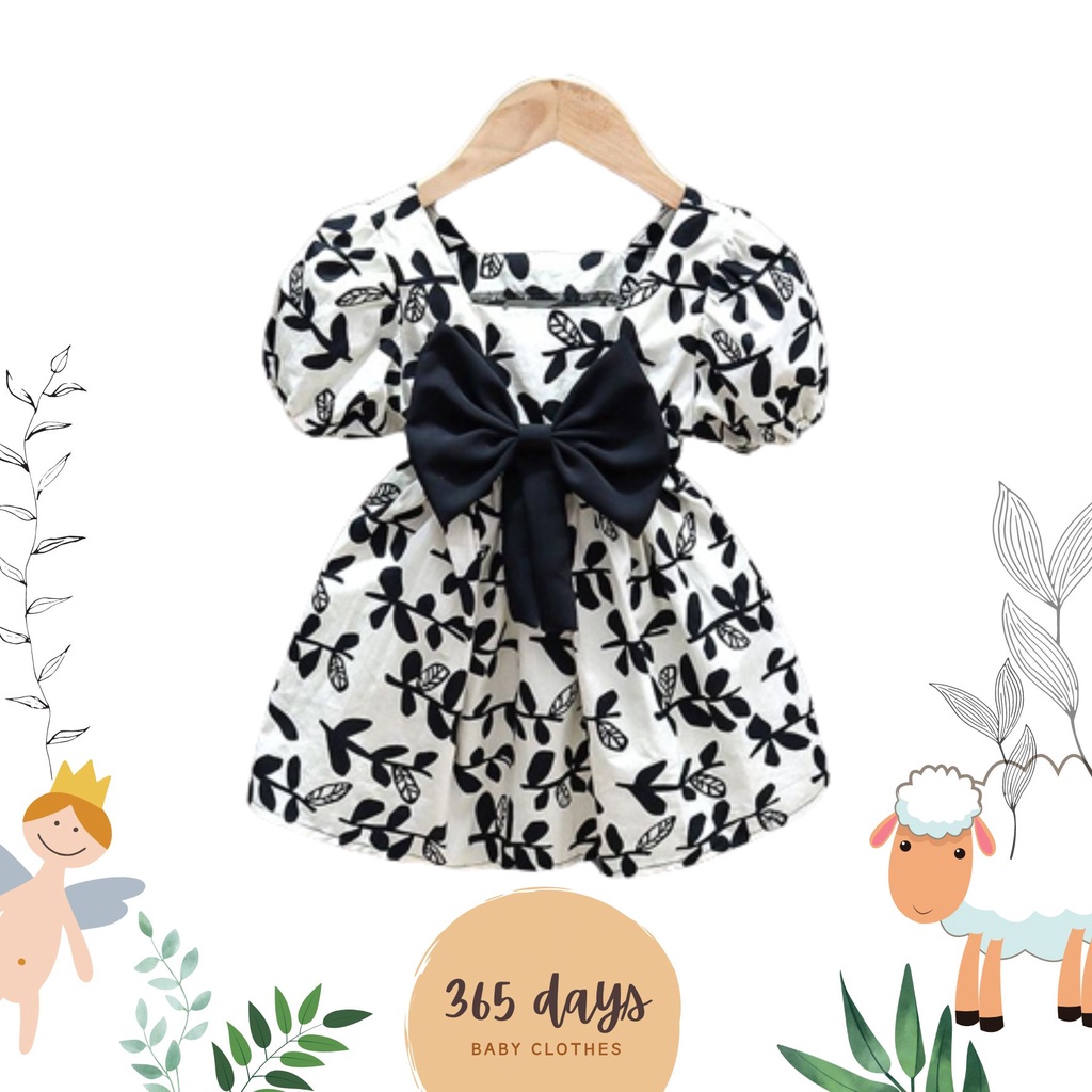 DRESS bunga anak cewek, DRESS IMPOR, HARGA MURAH DAN HARGA GROSIR. motif daun hitam putih, dress jalan-jalan, dress pesta