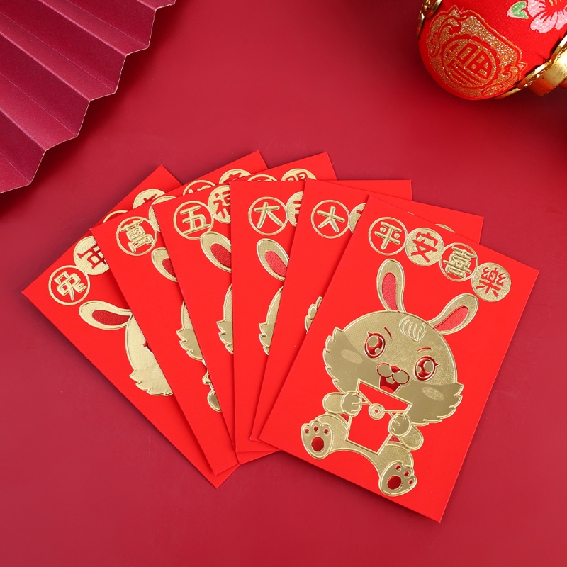 6pcs / Set Amplop Angpao Motif Kartun Kelinci Warna Merah Untuk Tahun Baru Cina / Imlek