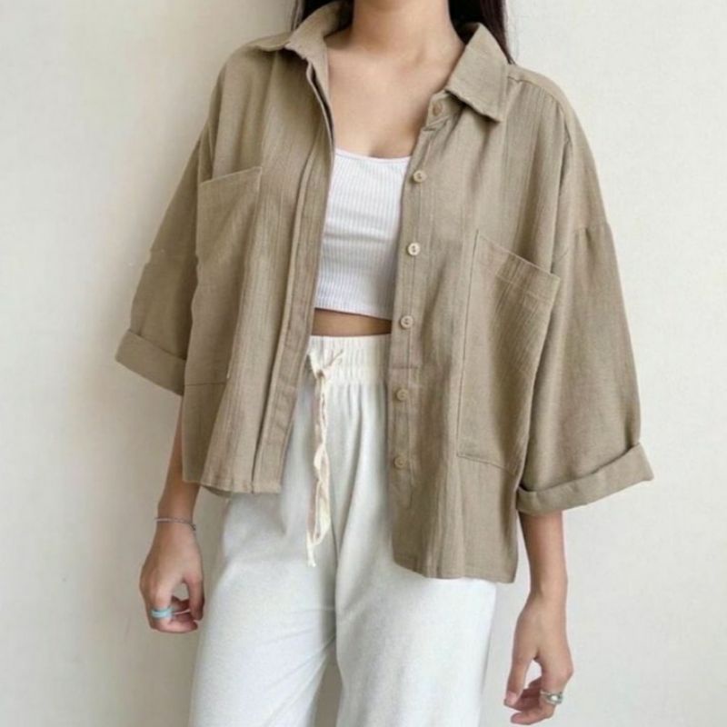 Kemeja Linen Pocket - Oversized Shirt Linen - Atasan wanita