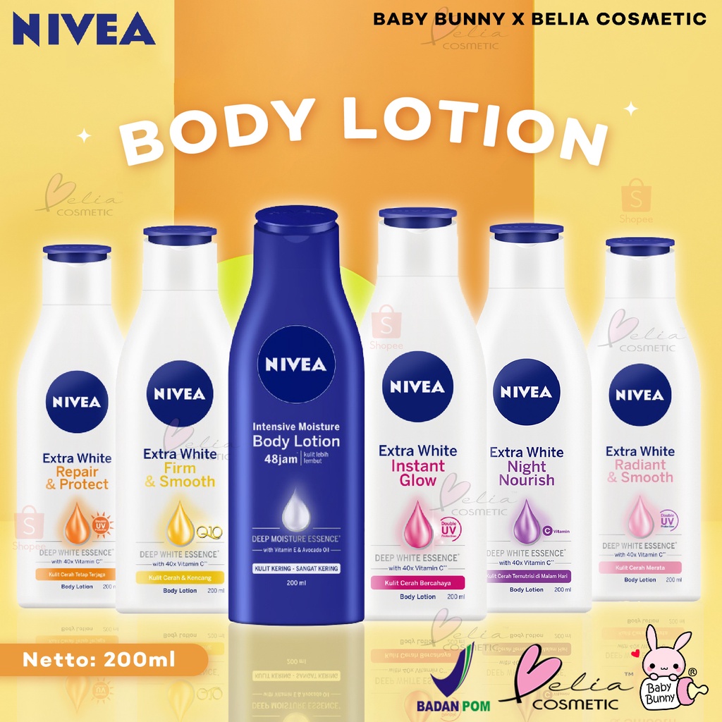 ❤ BELIA ❤ NIVEA Body Lotion | Body Care Extra White | Repair &amp; Protect | Instant Glow | Night Nourish 200ml | BPOM