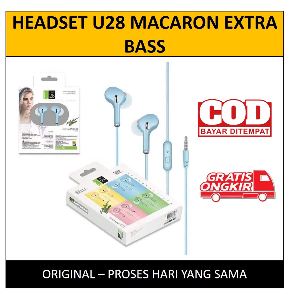 Headset Macaron U28 Stereo Earphone Handsfree Macaron U28 Headphone Extra Bass