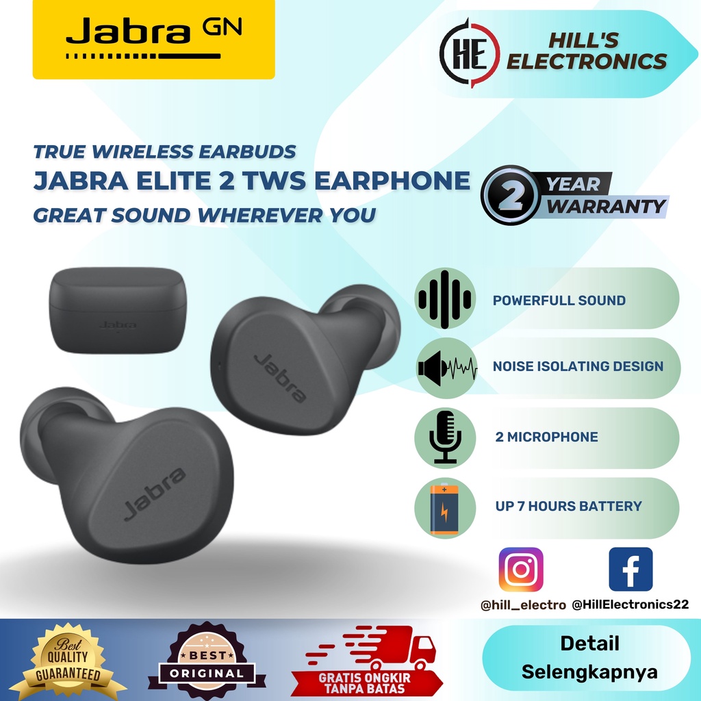 Jabra Elite 2 Earphone True Original Earbuds TWS Wireless Bluetooth - Dark Grey