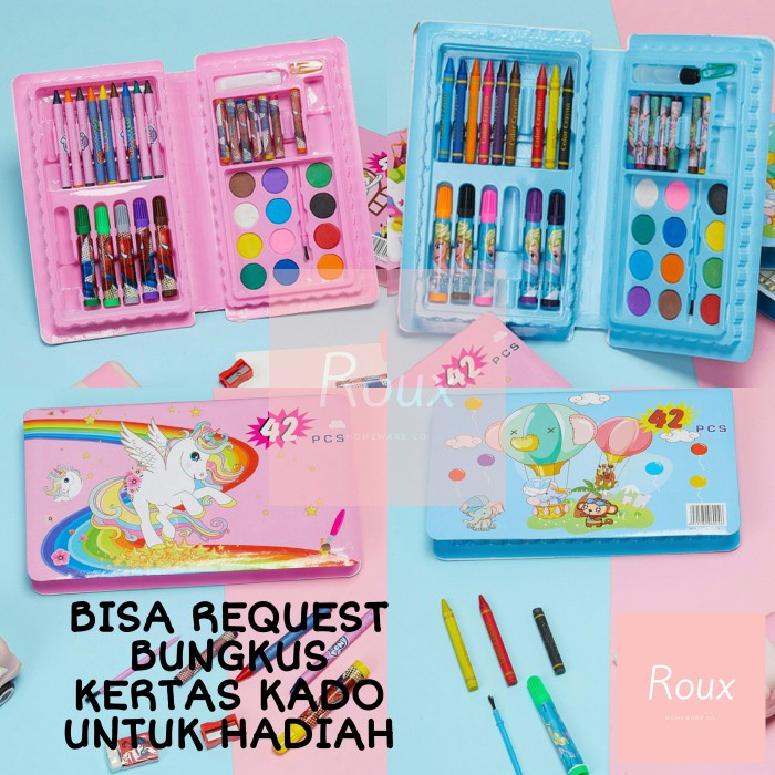 

[COD] Crayon Set Anak Pensil Warna 42 Pcs Alat Lukis Mewarnai Gambar Cat Air - Merah Muda