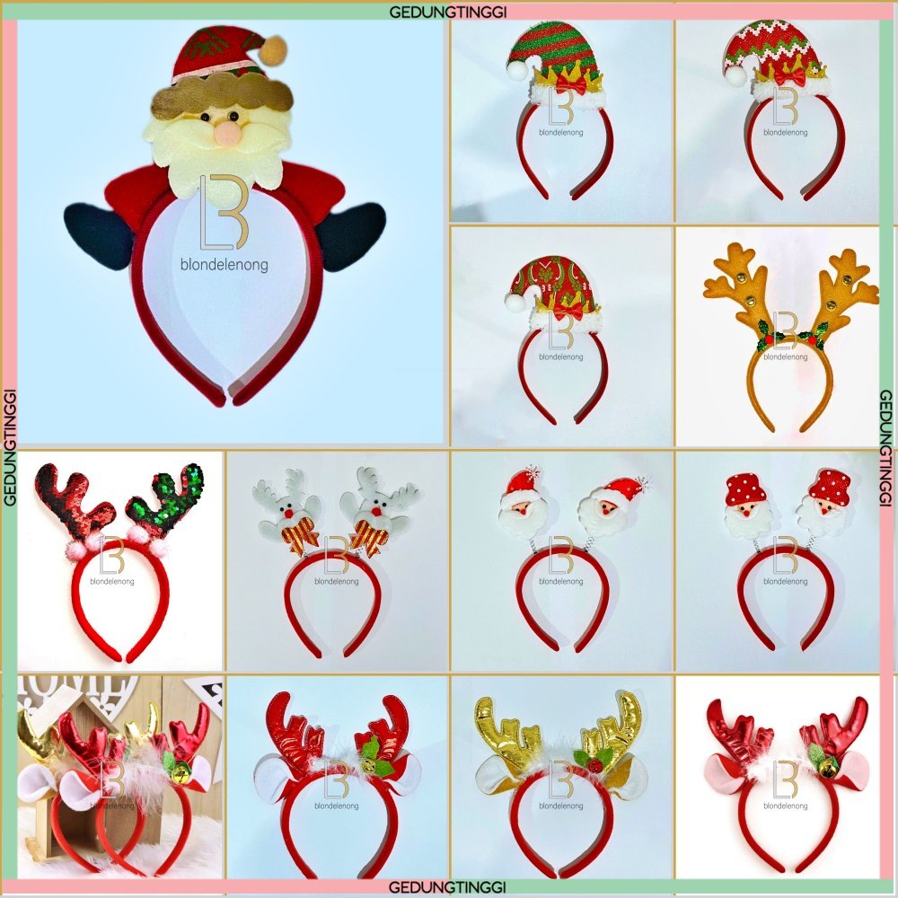 Bando Bandana Jepit Jepitan Ikat Asesoris Aksesoris Fashion Rambut Anak Anak Bayi Baby Perempuan Dewasa Lampu Led Hiasan Dekorasi Ornamen Ornament Pita Pohon Natal Merry Christmas Chrismast Xmas Tanduk Rusa Santa Claus Korea Foil Gold Emas Murah Lucu Set