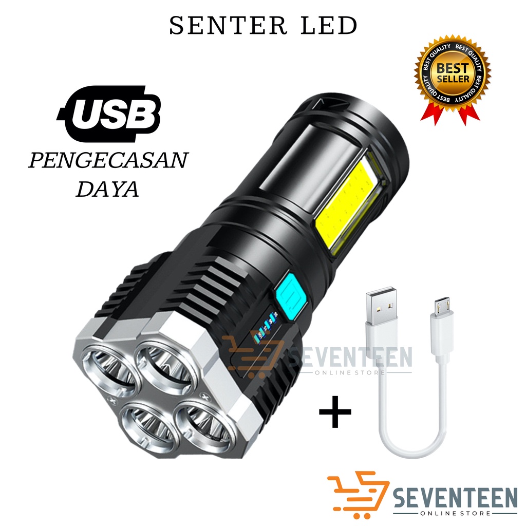 SEVENTEEN SENTER 4 LED COB SENTER 4 MODE JARAK JAUH SUPER TERANG SENTER CAMPING 4 MODE LAMPU SENTER CHARGER USB SENTER BATERAI CAS