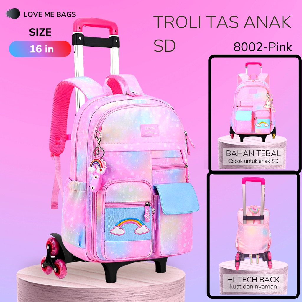 Tas Troli Roda 3 Anak Sekolah Perempuan SD Remaja Import Bisa Lepas Pasang Bahan Parasut Import Tebal Gratis Raincover