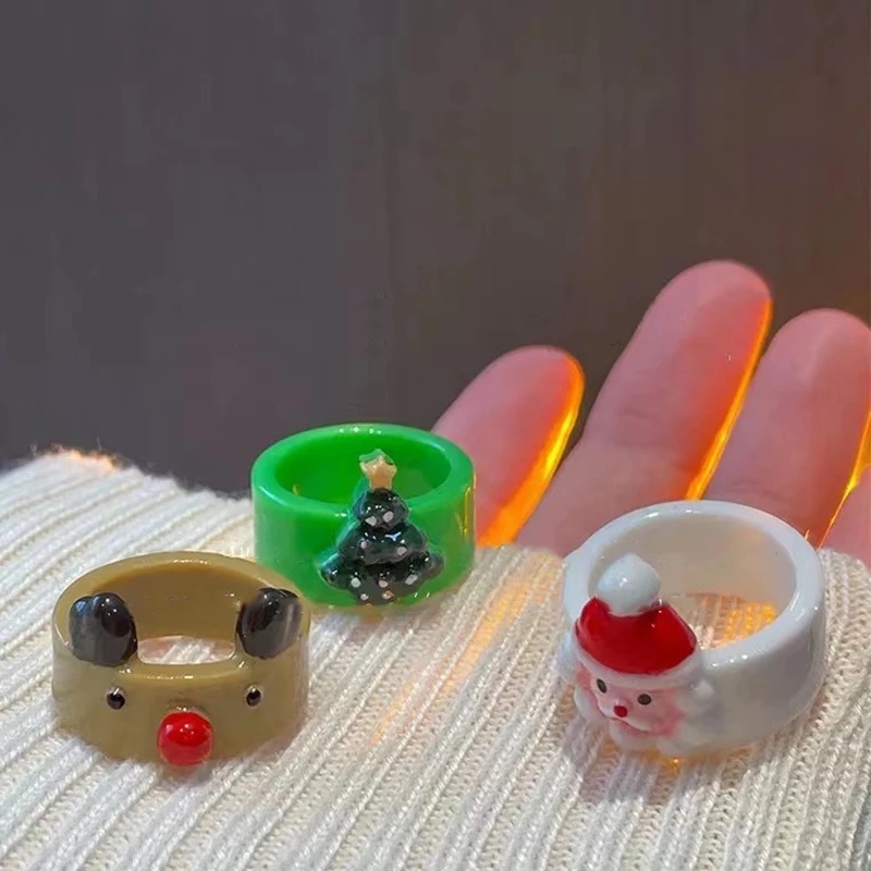 Cincin Desain Kartun Santa Elk Snowman Pohon Natal Bahan Resin Untuk Wanita