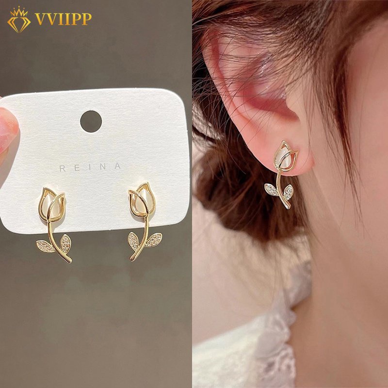 Anting Kalung Rantai Choker Desain Bunga Tulip Aksen Kristal Moonstone Warna Emas Silver Untuk Wanita