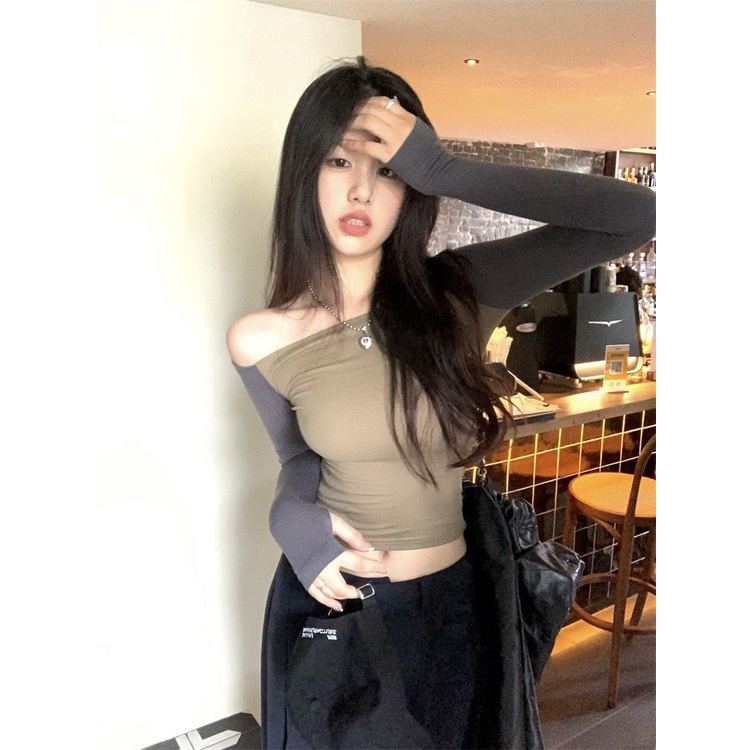 Suhao Satu Bahu T-shirt Wanita Musim Panas Kontras Warna Jahitan Gadis Panas Retro Tanpa Tali Seksi Ketat Tipis Lengan Panjang Atasan Pendek