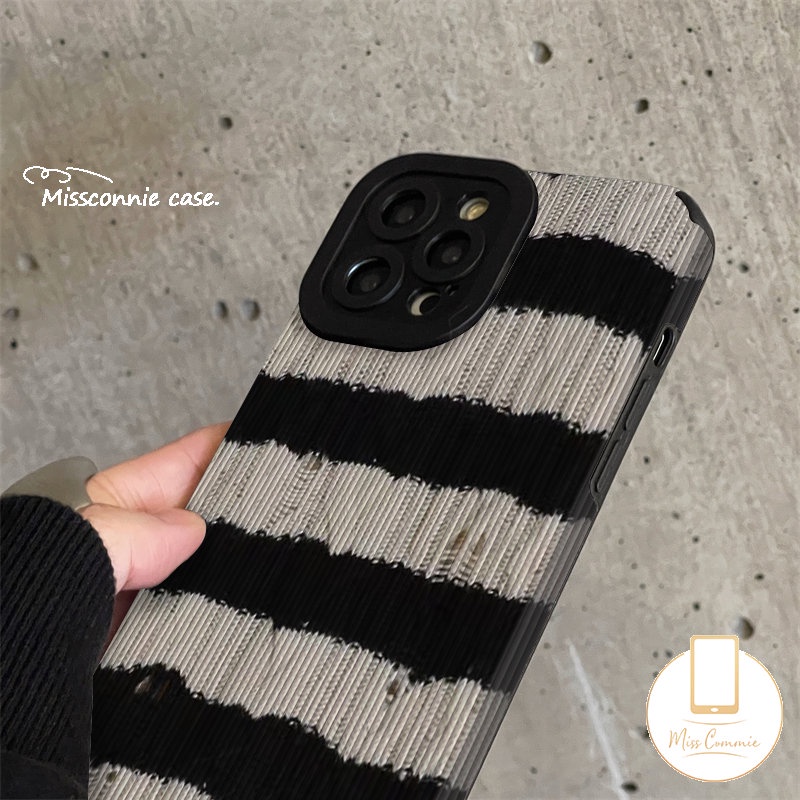 Soft Case Silikon Tekstur Kulit Garis Hitam Putih Tahan Banting Untuk iPhone 7Plus 8Plus 11 14 13 12 Pro Max XR X XS Max 7 8 Plus