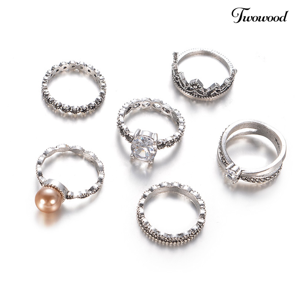 6 Pcs Cincin Knuckle Midi Bentuk Mahkota Aksen Mutiara Imitasi Bahan Zirkon Gaya Retro Untuk Wanita