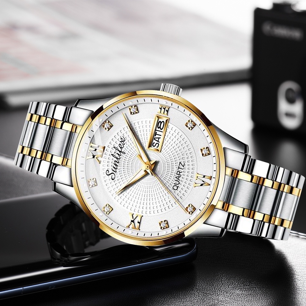 Sunlifex Jam Tangan Pria Original Kuarsa Tali Stainless Steel Calendar Mewah Mode Pria Jam Tangan Cowok Anti Air-1