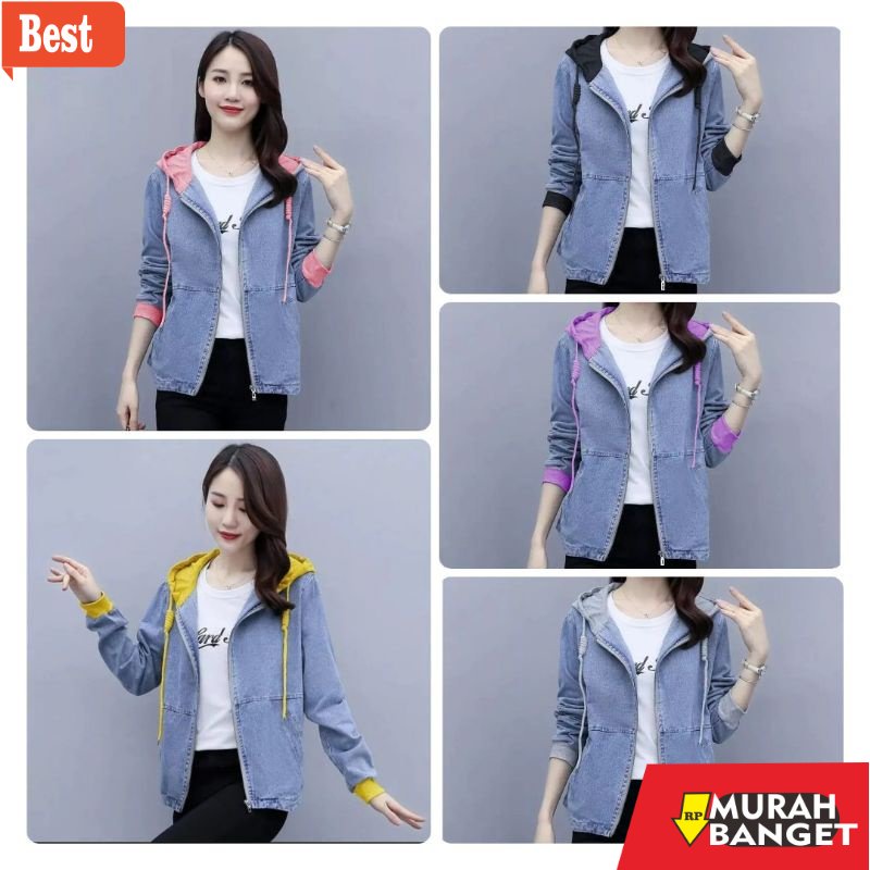 jaket wanita kekinian 2022 JAKET JEANS HOODIE WANITA RITSLETING DENGAN KOMBI