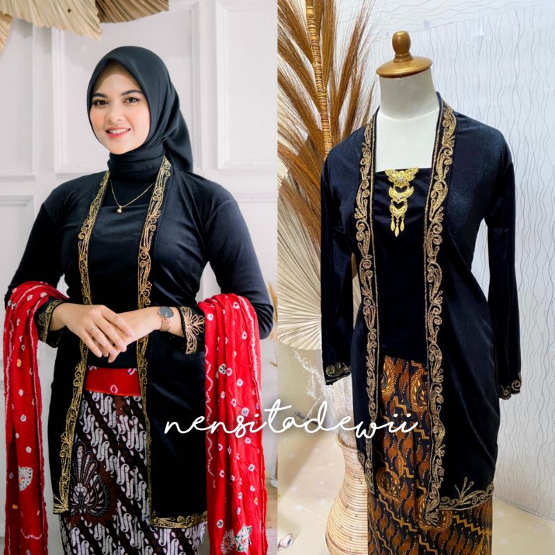 Kebaya Bludru Kutubaru - Model Panjang Bordir Stik