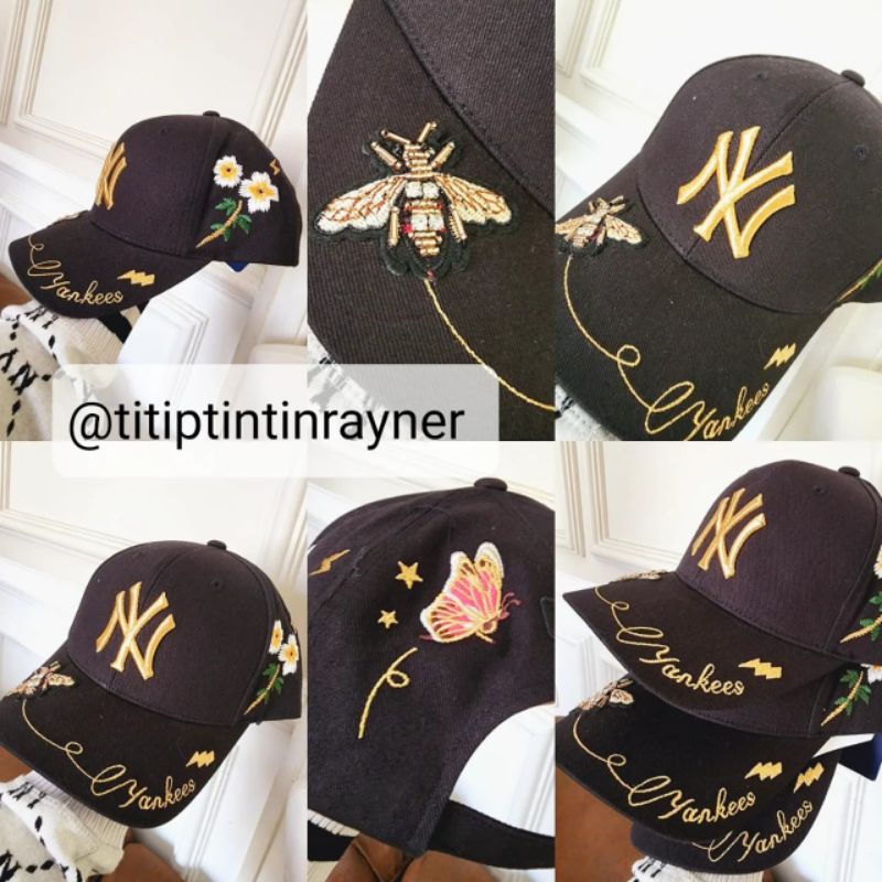 TOPI MLB KOREA NY FLOWER BEE BLACK & GOLD
