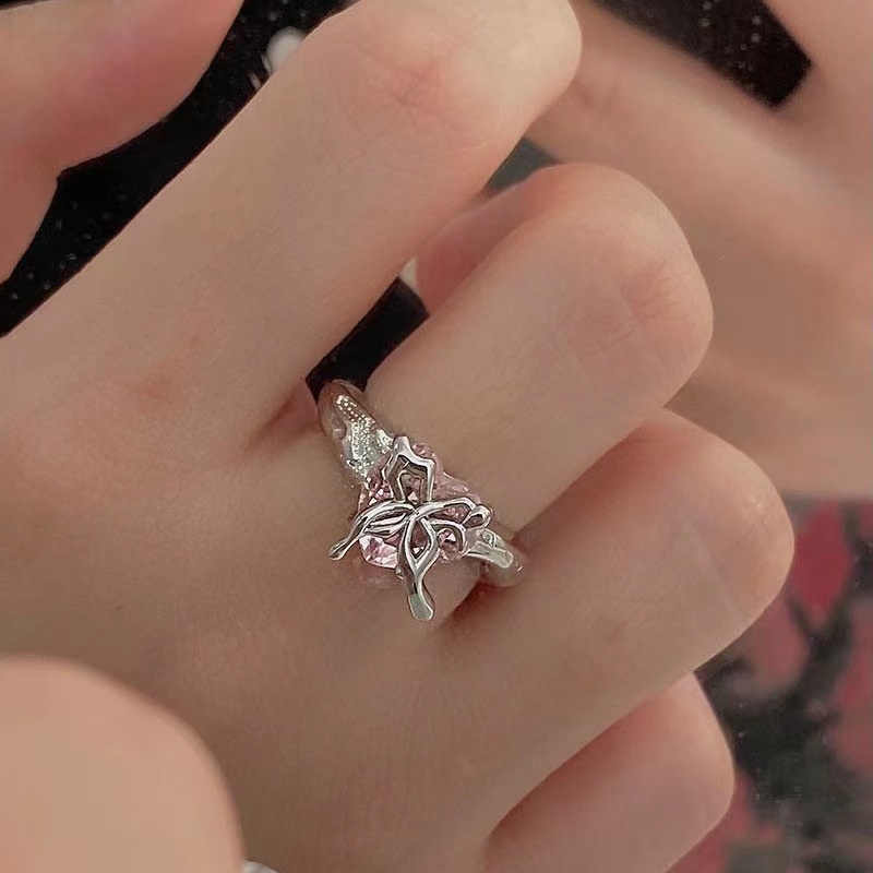 Cincin Model Terbuka Bahan Alloy Desain Kupukupuhati Hias Zircon Imitasi Gaya Trendy Untuk Wanita