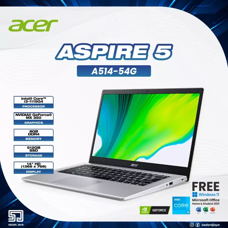 Acer Aspire 5 Slim A514-54G 32GF 32GJ i3-1115G4 / 8GB / 512 SSD / VGA Nvidia MX350 2GB / 14″ / Windows 11 OHS