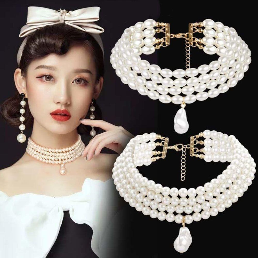 Agustina Wanita Kalung Perhiasan Hadiah Baroque Mutiara Multilayers Alloy Temperamen Perhiasan Aksesoris