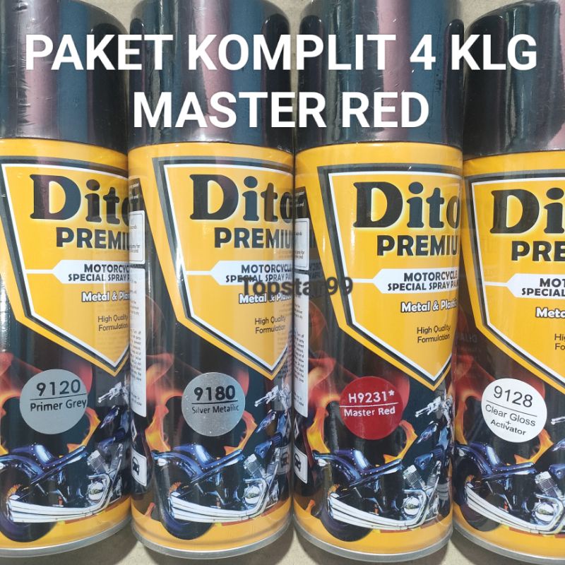 Pilok Cat Diton Premium Paket Lengkap 4 Kaleng Master Red H9231 9231 Primer Grey 9120 Silver Metalic 9180 Clear Gloss 9128 400cc Pilox Paketan Cat Semprot Special Spray Paint