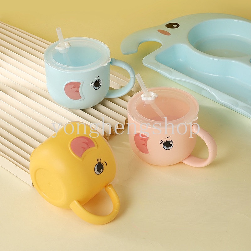 Cangkir Minum Desain Kartun Gajah Dengan Gagang Bahan Wheat Straw Anti Bocor Untuk Anak