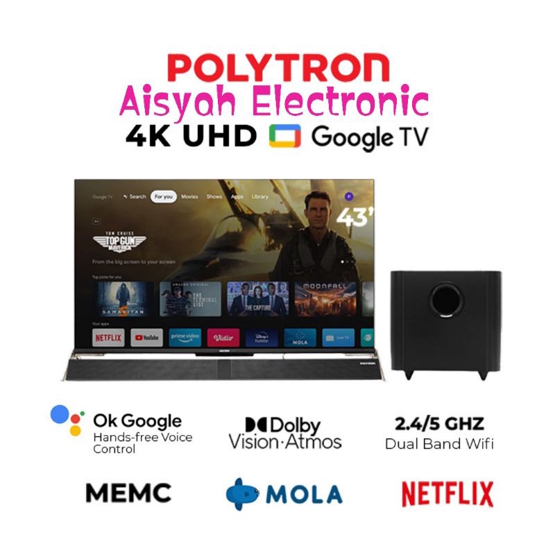 GOOGLE TV POLYTRON 43 INCI UHD 4K SOUND BAR 43BUG5959 GARANSI 5 TAHUN