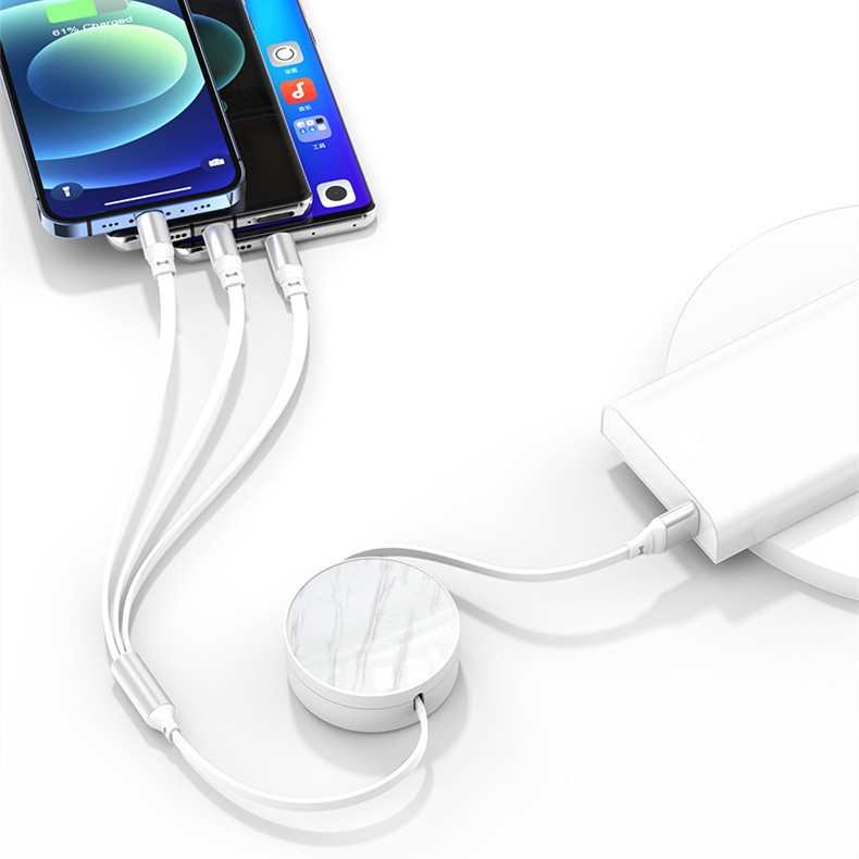 Kabel Data / Charger 3 IN 1 66W 6A Fast Charging Model Tarik Warna Putih Untuk Handphone