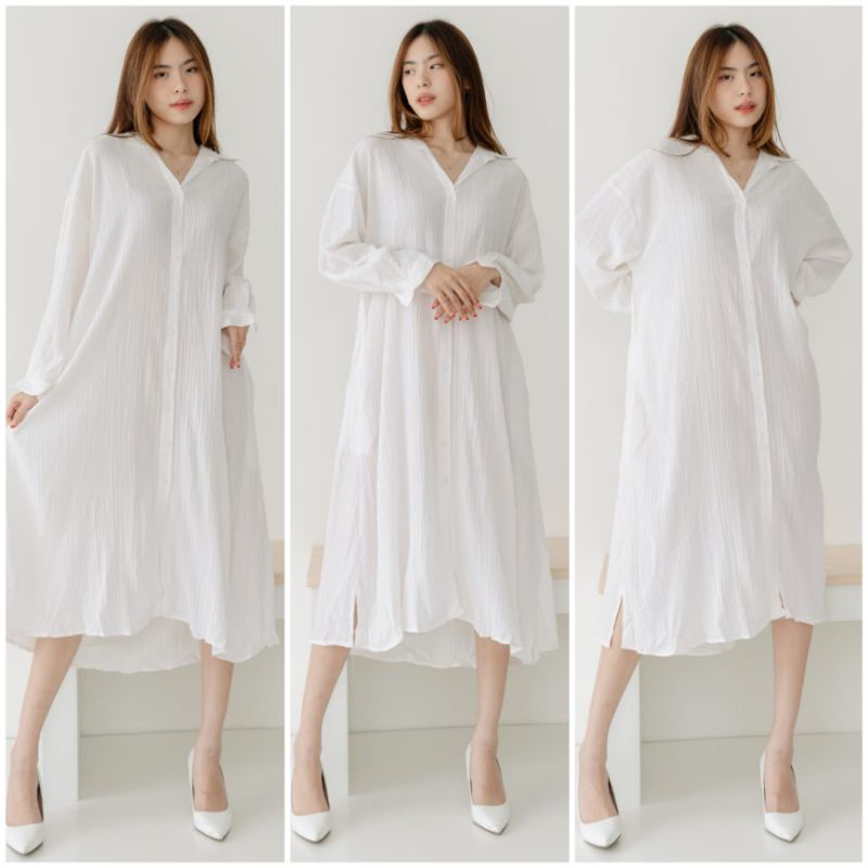 ♡ PREMIUM ♡ ORIGINAL !  MAHEERA BIG SIZE JUMBO PLEATED CRINKLE COLLAR BUTTON LONG SLEEVE MIDI LOOSE DRESS WITH BELT ( BUSUI , HIJAB &amp; BUMIL FRIENDLY )