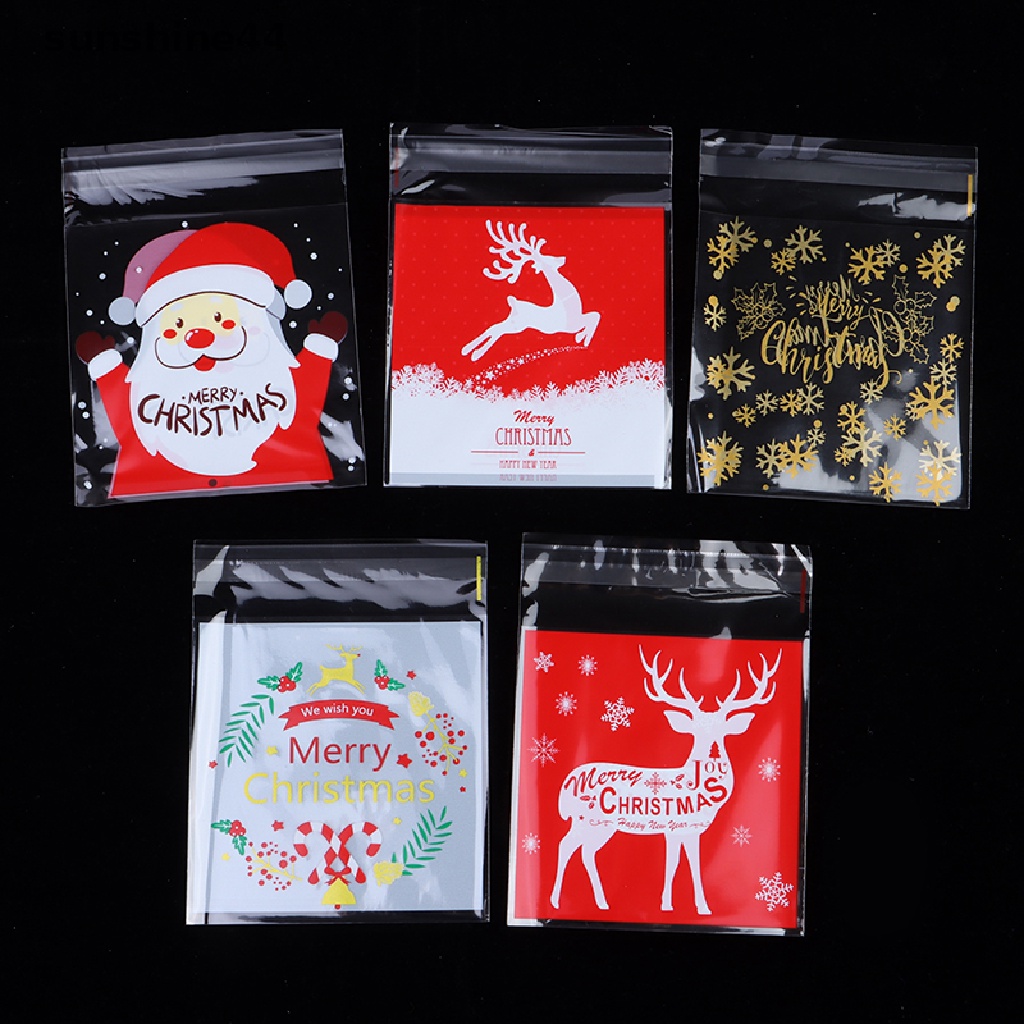 Sunshine 100Pcs Kantong Plastik Permen / Kue Motif Santa Claus / Kepingan Salju Diy