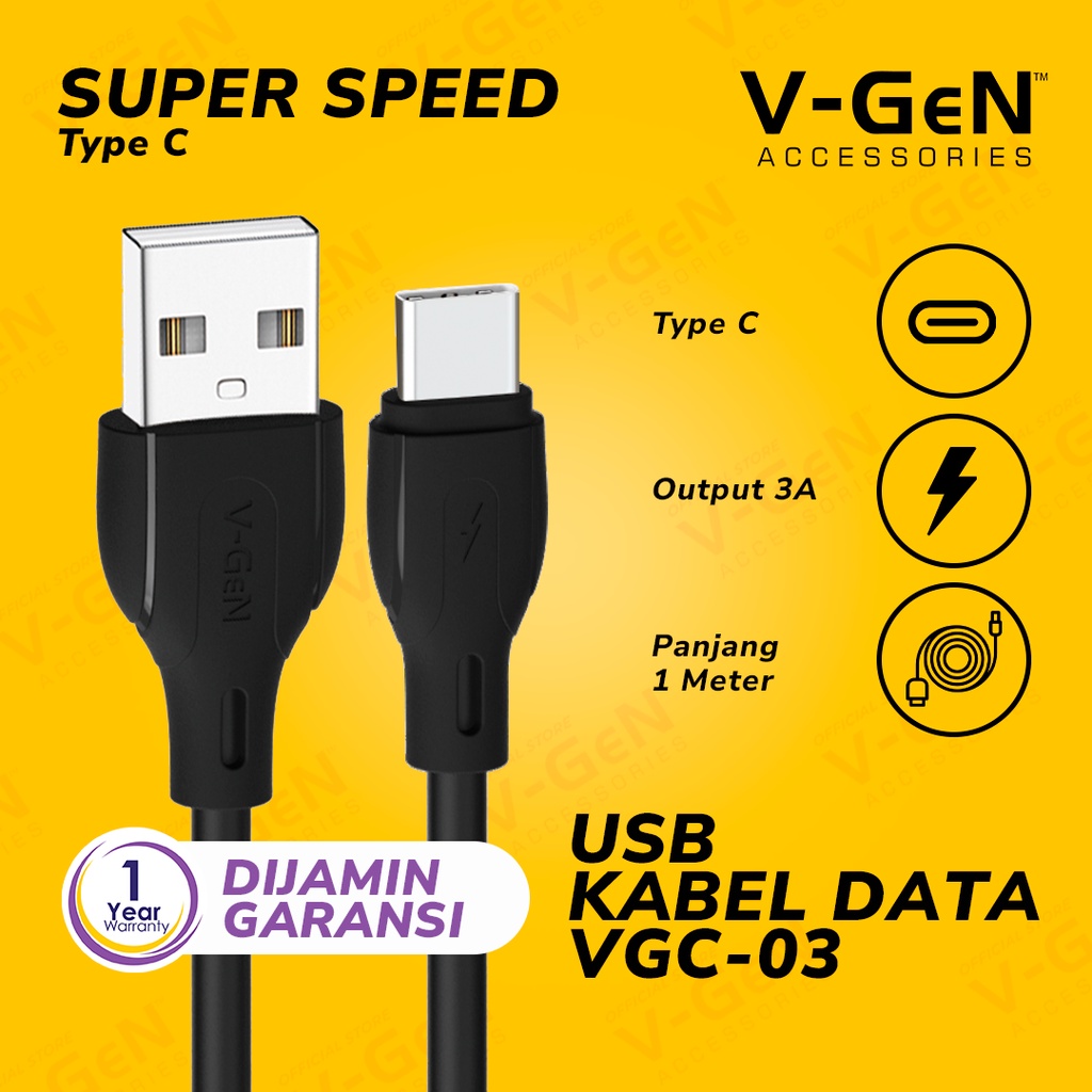 Kabel Data USB Type C V-GeN VGC-03 Fast Charging QC3.0 3A 1 Meter VGEN