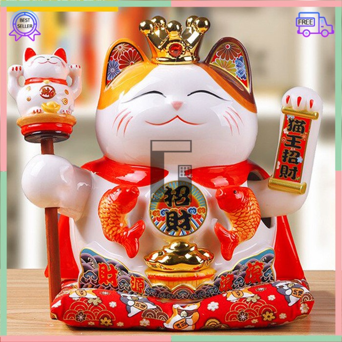 Patung Pajangan Hiasan Boneka Dekorasi Kucing Ikan Mas Emas Koi Koki Bawa Panggil Rejeki Rezeki Hoki Maneki Neko Maneko Neki Lucky Cat Keberuntungan Baterai Batrai Batre Listrik Tangan Goyang Gerak Meja Kasir Toko Cina China Jepang XL Jumbo Besar Keramik