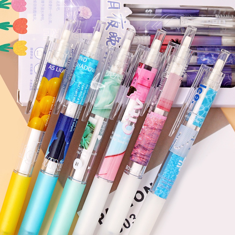 6pcs Pulpen Tinta Hitam Ukuran 0.5mm Dengan Hiasan Gambar Pemandangan