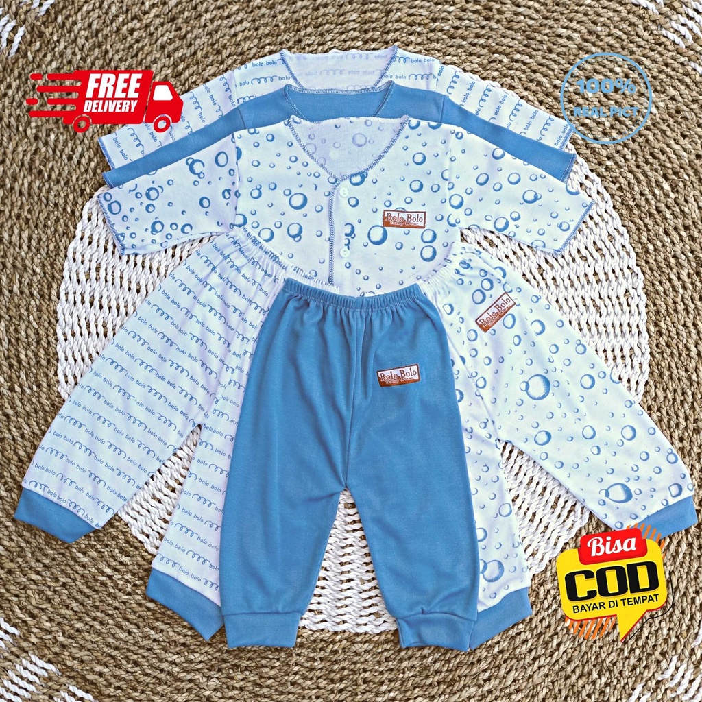 SALE 7.7 Serian Biru - 3 Stel Setelan Baju Bayi Tangan Panjang Celana Panjang Bayi 0 sd 3 Bulan BLUE SEA SERIES merk SNI Bolo - Bolo