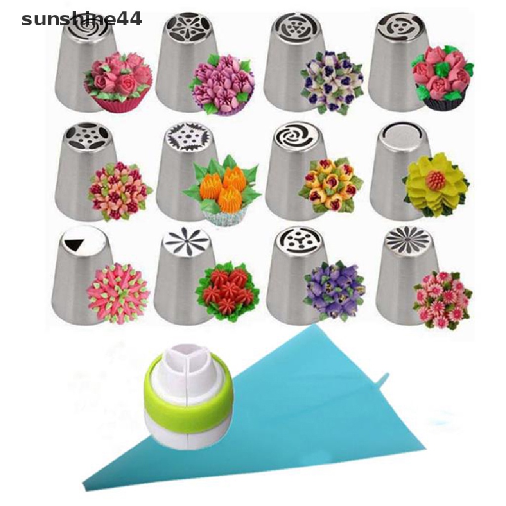 Sunshine 14pcs / Set Spuit Piping Rusia Bentuk Tulip Bahan Stainless Steel Untuk Dekorasi Kue