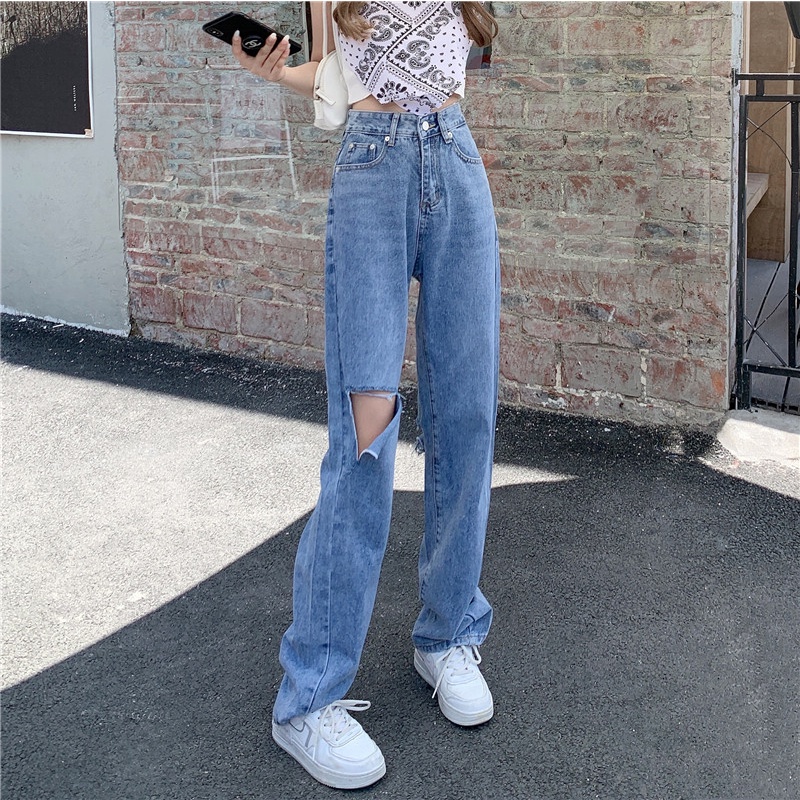 Sobek-sobek Highwaist Straight Loose Celana Jeans Wanita Murah